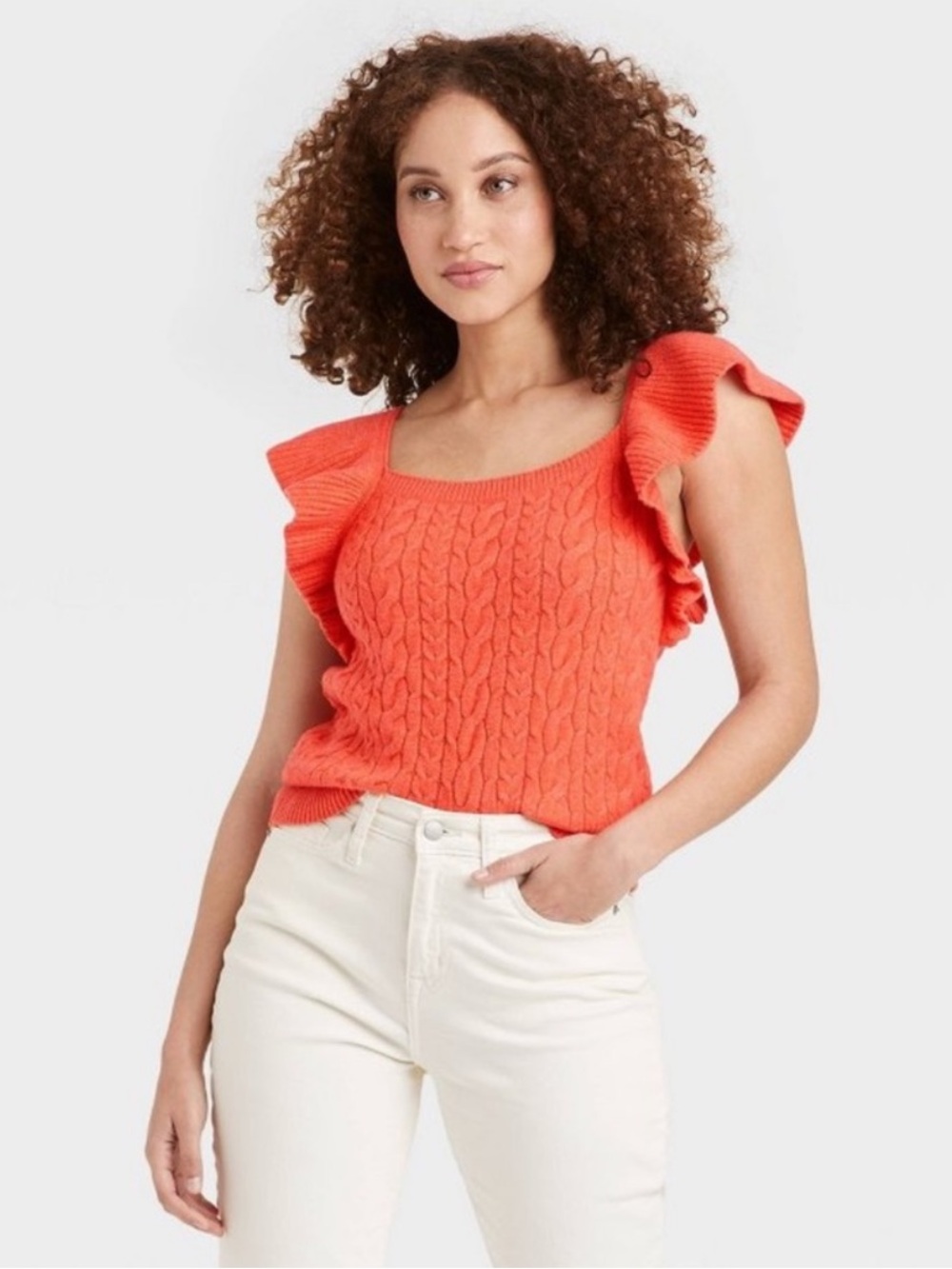 A NEW DAY. | Orange Ruffle-Sleeve Cable Knit Women's Sweater